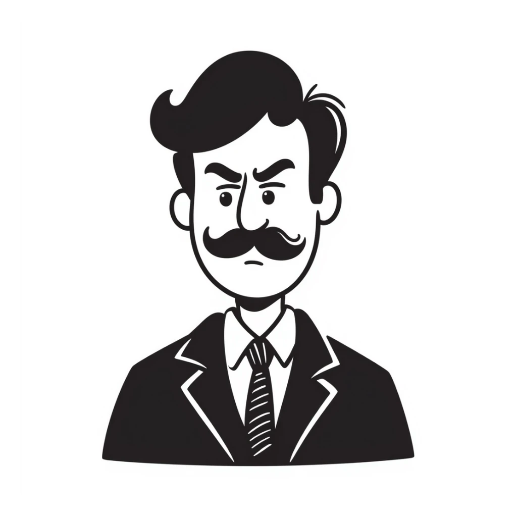 A hand-drawn angry supervisor with a mustache and a stern expression sticker