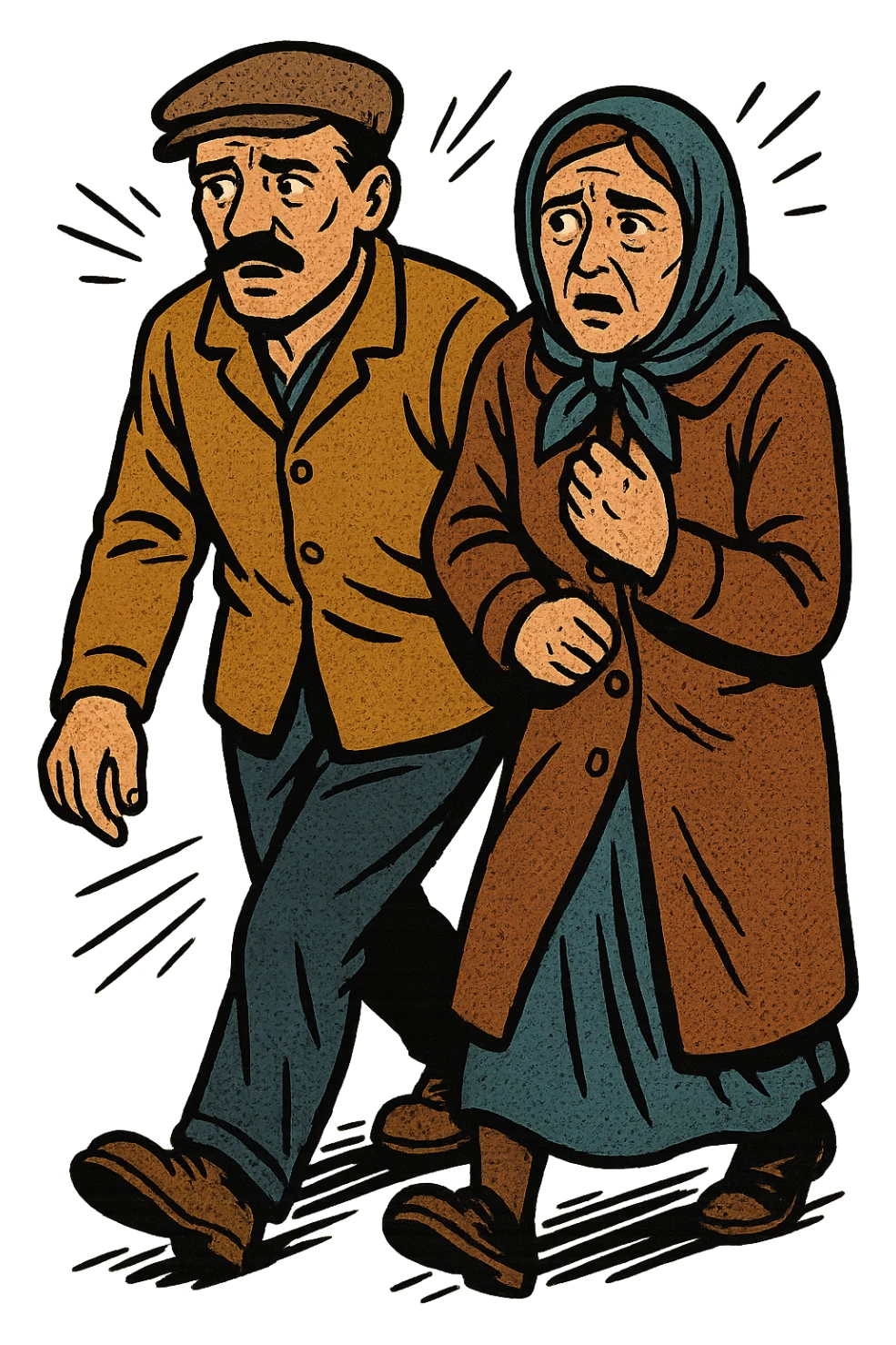 A poor eastern european husband and wife looking worried while walking outside sticker