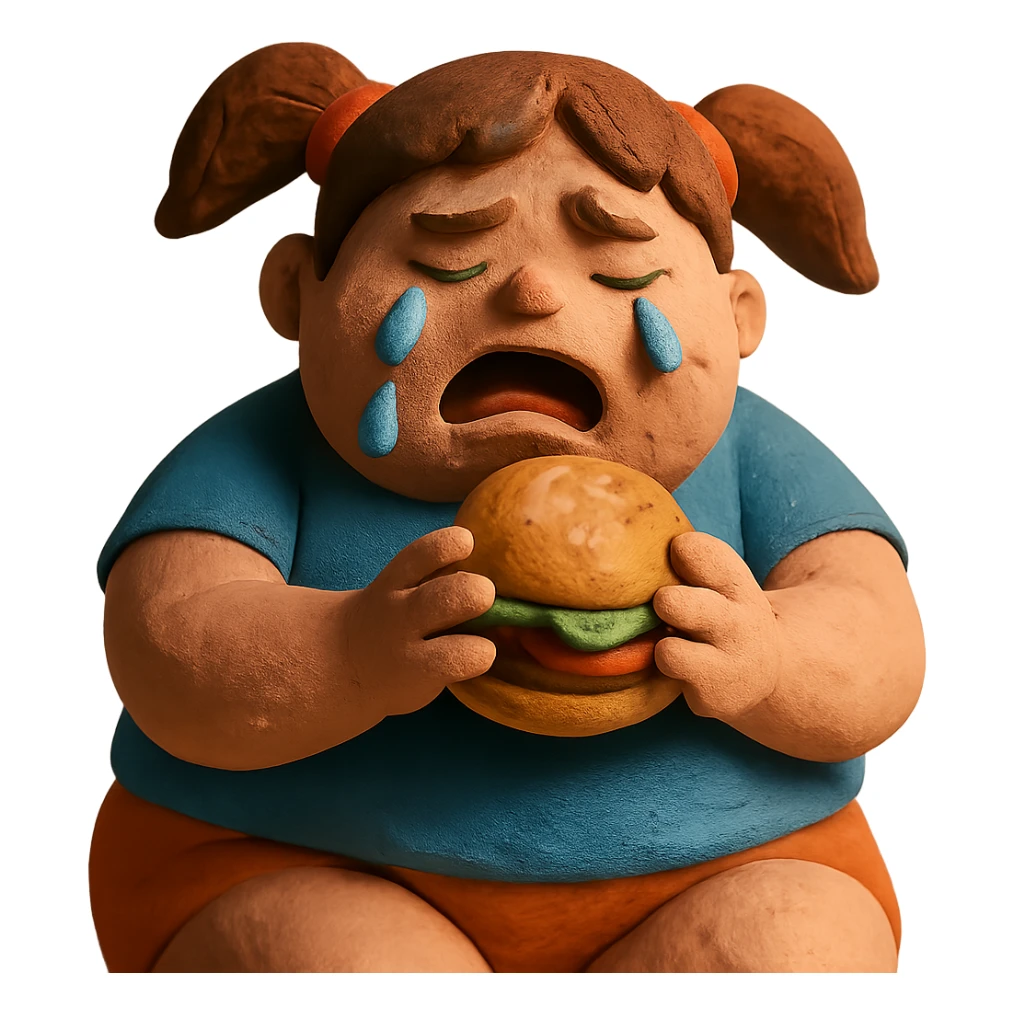 fat girl crying and eating a burger sticker