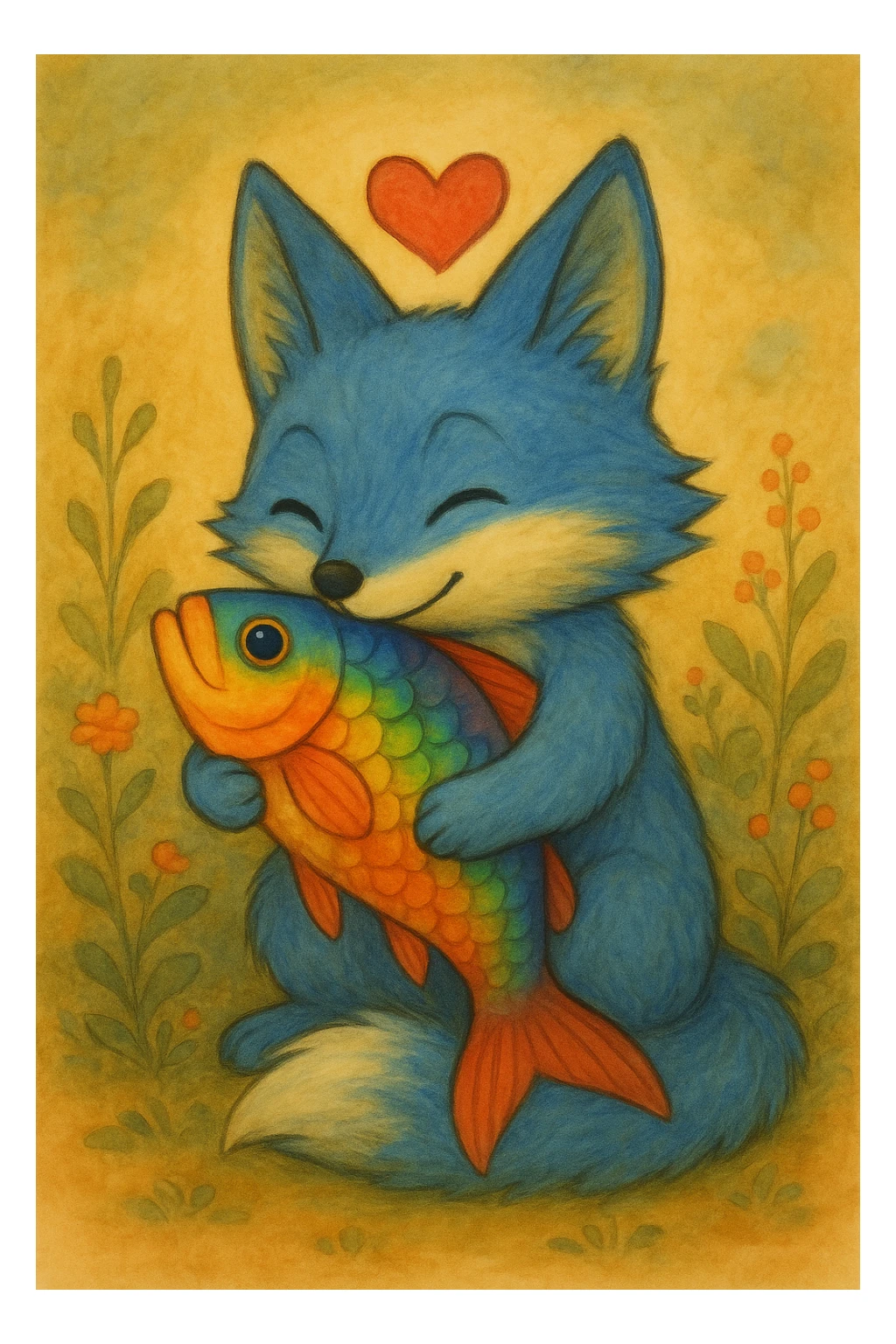 Add a red heart above the blue fox and rainbow fish in ghibli style. sticker