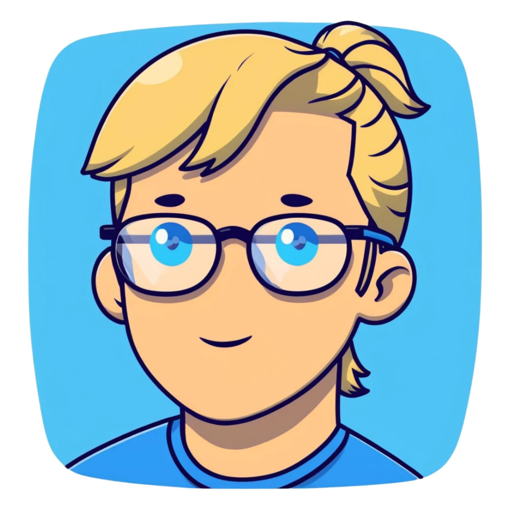 Man with blonde ponytail, round glasses and blue eye sticker