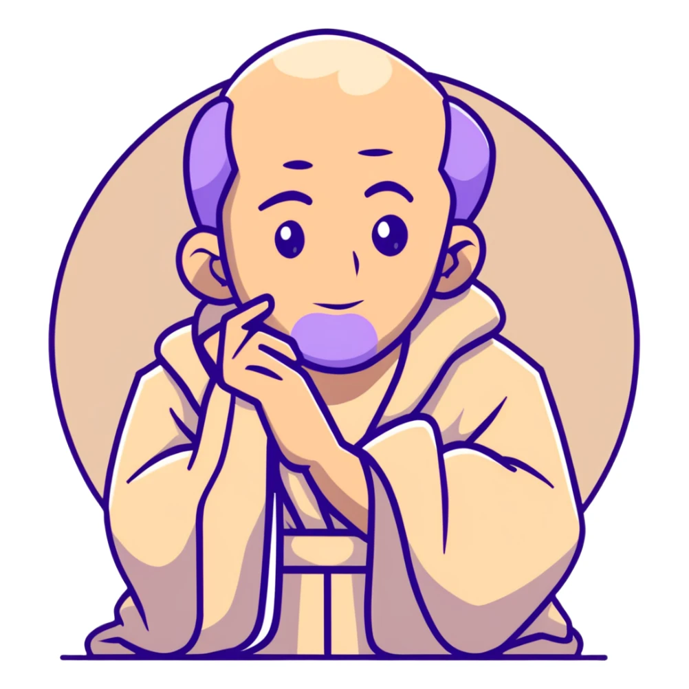 thoughtful philosopher with hand on chin, sitting in contemplative pose, scholarly appearance with robe, beige and brown color palette sticker