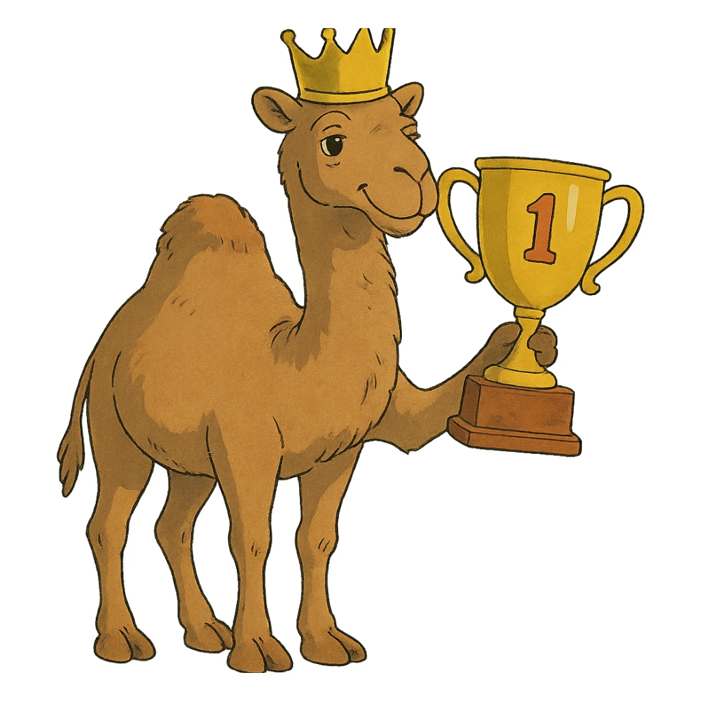 ghibli style dromedary with a crown on its head and a trophy with #1 on it sticker