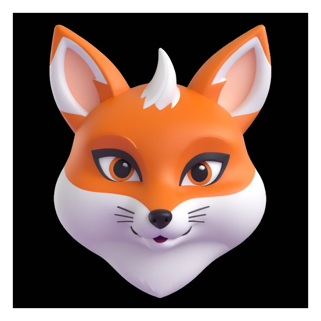 cute orange fox head with big pointed ears, white fur on cheeks and snout, small black nose, playful triangle-shaped eyes, clever and friendly expression, smooth cartoon style, Apple-style glossy finish, soft shadows, white background sticker