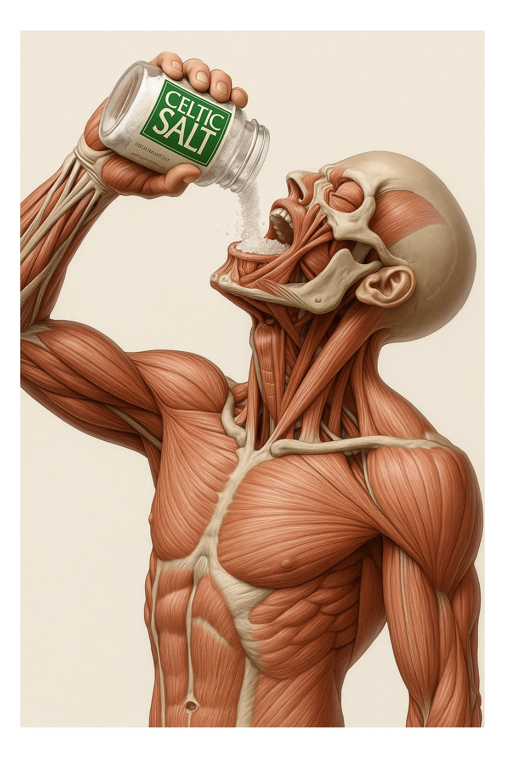 Create a vertical hyperrealistic 4K medical illustration exactly matching the style and composition of the reference image. The subject is an anatomically accurate human body holding a jar labeled 'CELTIC SALT', pouring salt into his mouth. The background should be neutral and clear. The image must be extremely detailed, vertical format, with the same pose and lighting as the reference. sticker