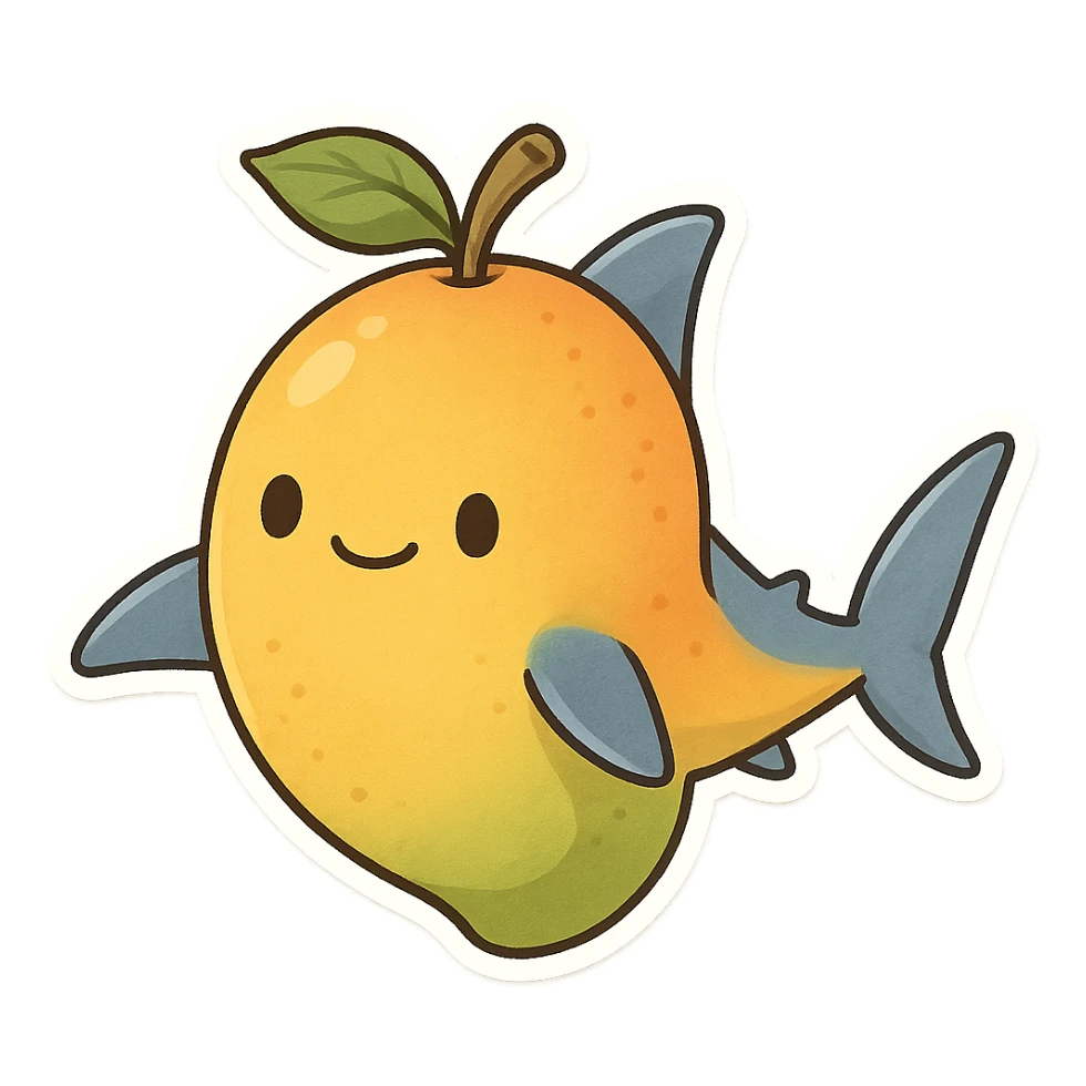 a mango with shark fins and a tail, cartoon style, playful and imaginative sticker