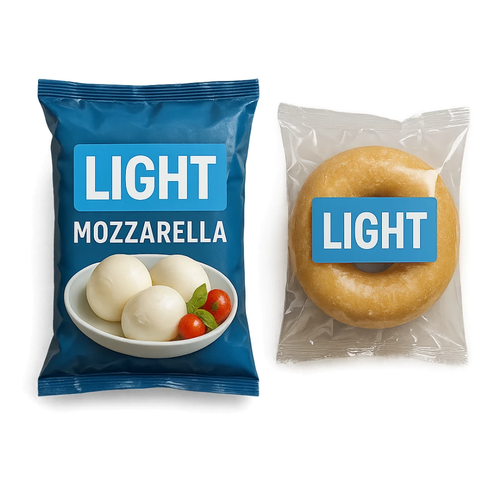 PACCHTTO DI MOZZARELLA LIGHT CON LA SCRITTA "LIGHT" SULLA CONFEZIONE, ACCANTO AD UN DONUT CONFEZIONATO CON LA SCRITTA "LIGHT" SULL'ETICHETTA,  iperrealistico 4k sticker