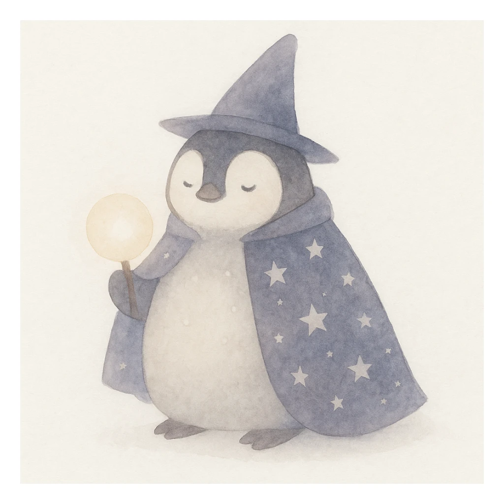 a chubby penguin wizard with a starry cloak and a glowing orb, in a soft, painterly style, watercolor art style sticker