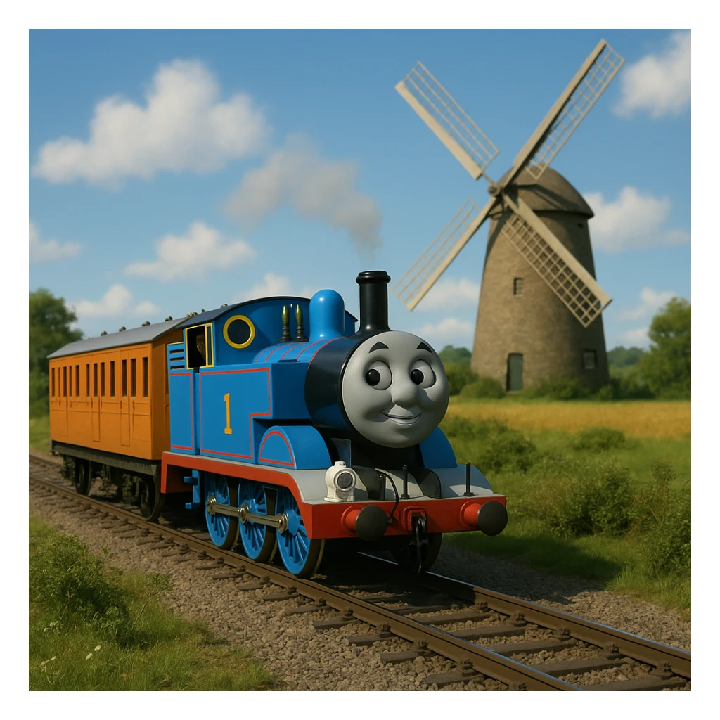 Thomas the Tank Engine pulling Annie and Clarabelle near a windmill, TV show style, blue train, orange and cream coaches, realistic background, no text sticker