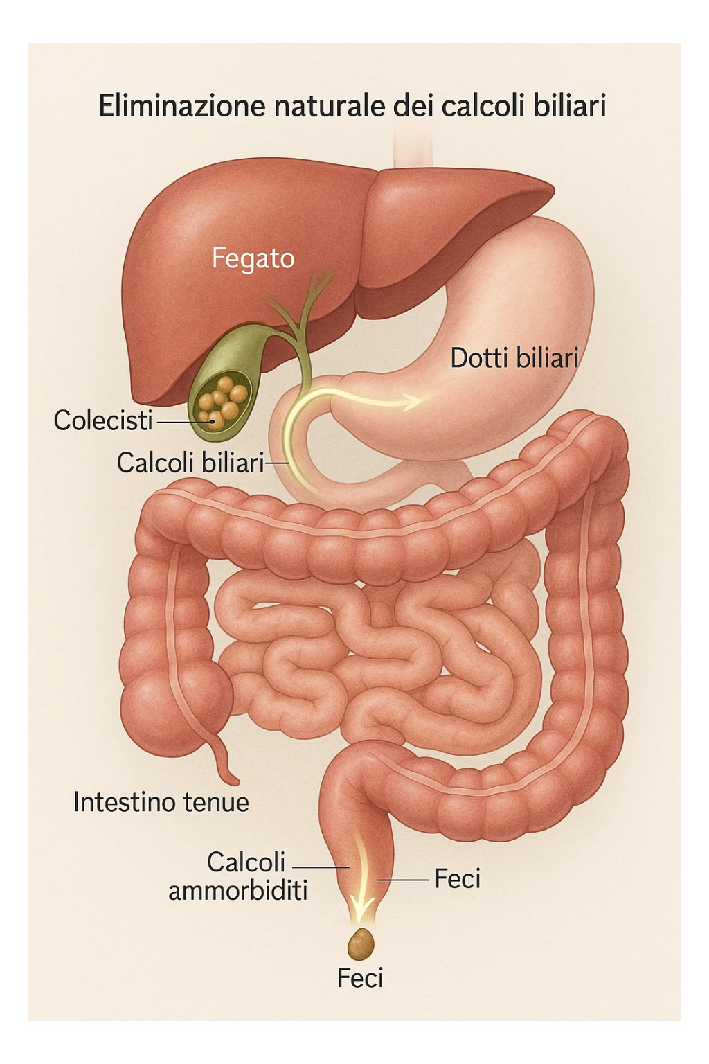 A realistic, educational medical illustration showing the human digestive tract focusing on the liver, gallbladder, bile ducts, and intestines. The gallbladder is depicted with small gallstones inside. A soft glowing arrow indicates the flow of bile and small stones moving naturally from the gallbladder through the bile ducts into the intestines. In the colon, small softened gallstones are shown being prepared for elimination, symbolizing their removal through bowel movements. The style is clean, precise, and clear with soft anatomical colors (greens, soft reds, and yellows) and faint glowing arrows to illustrate the process. The background is a subtle neutral gradient to keep the focus on the organs and the pathway. The image conveys the concept of natural gallstone elimination through the intestines via the stool in a clear, non-graphic, and educational way in italiano sticker