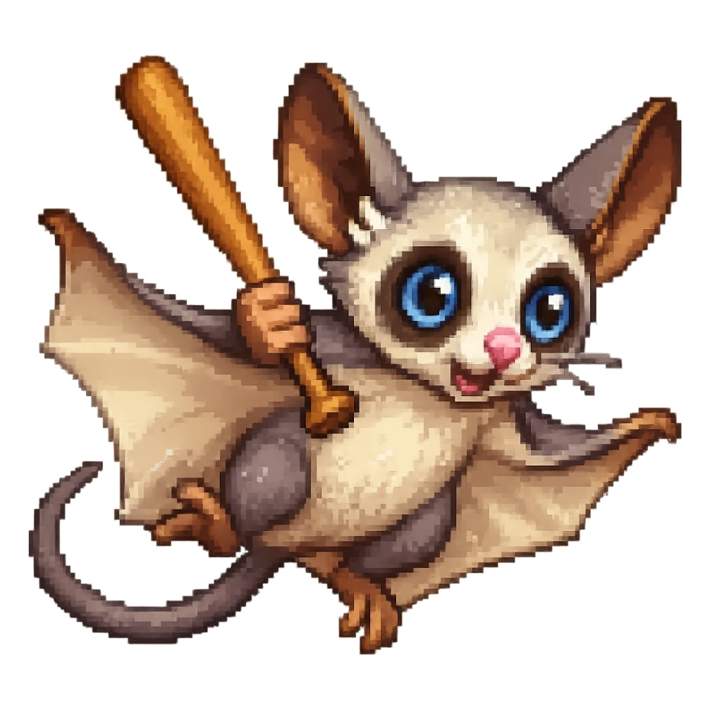 Add a baseball bat to the sugar glider and depict it gliding through the air. Maintain the original style and keep the background transparent. sticker