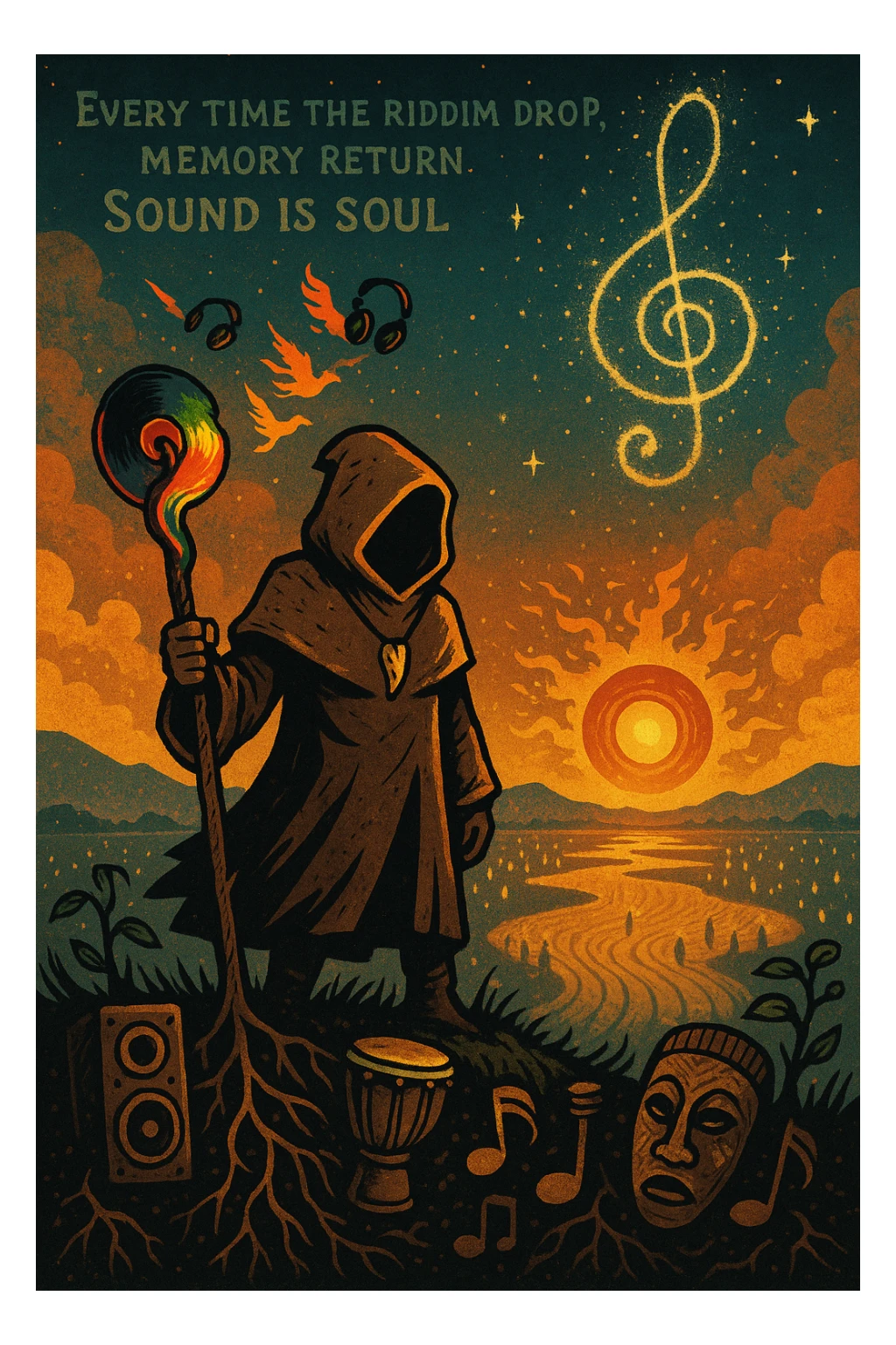 Create a mythical, animated-style poster set in a timeless world where sound is sacred. At the center, a hooded guardian of rhythm stands on a hill, overlooking a vast land shaped like a giant soundwave.

He holds a staff made of melted vinyl records, glowing with faint reggae colours — red, gold, and green. Around his neck is a lion’s fang pendant, and behind him, a swirling constellation shaped like a treble clef lights the sky.

From the earth, roots twist upward into musical notes, connecting instruments, speakers, and ancestral masks half-buried in the soil.

A flock of birds made from broken headphones and fire rises from the horizon — flying toward a glowing sun that pulses like a subwoofer.

Below, scattered across the valley, are tiny glowing embers — each one representing a soul still dancing, still alive.

In the sky, faint words form from the clouds:
“Every time the riddim drop, memory return. Sound is soul.”

The artwork should feel ancient, futuristic, and sacredly street — part graffiti, part prophecy, part roots revival. sticker