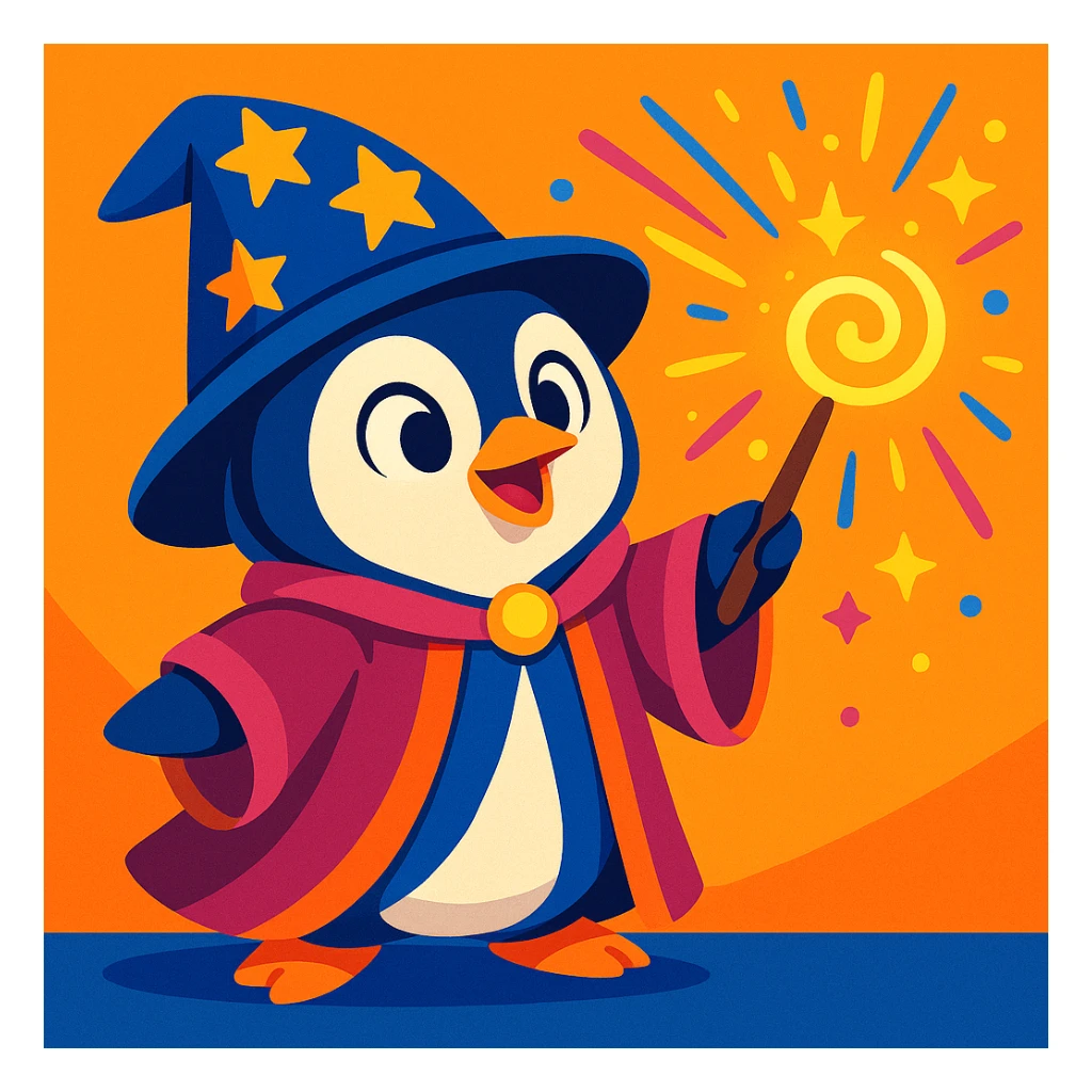 cute penguin wizard casting a spell, wearing robe and holding wand, colorful cartoon style sticker