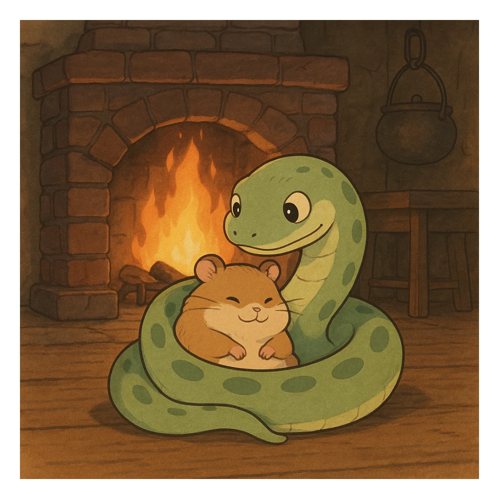 ghibli style snake hugging a hamster by a fireplace, cozy and warm atmosphere sticker