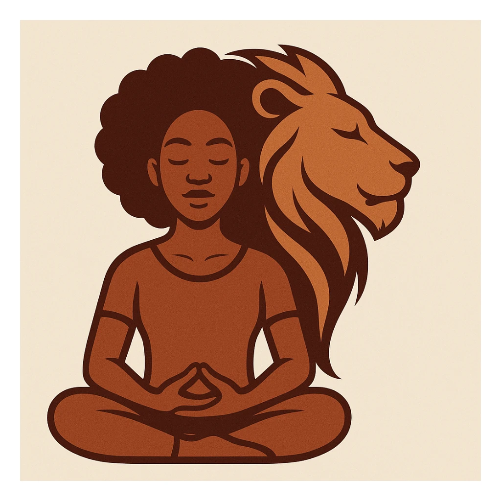A stylized icon of a Black woman meditating, her head morphing into a lion's head, symbolizing strength and serenity. sticker