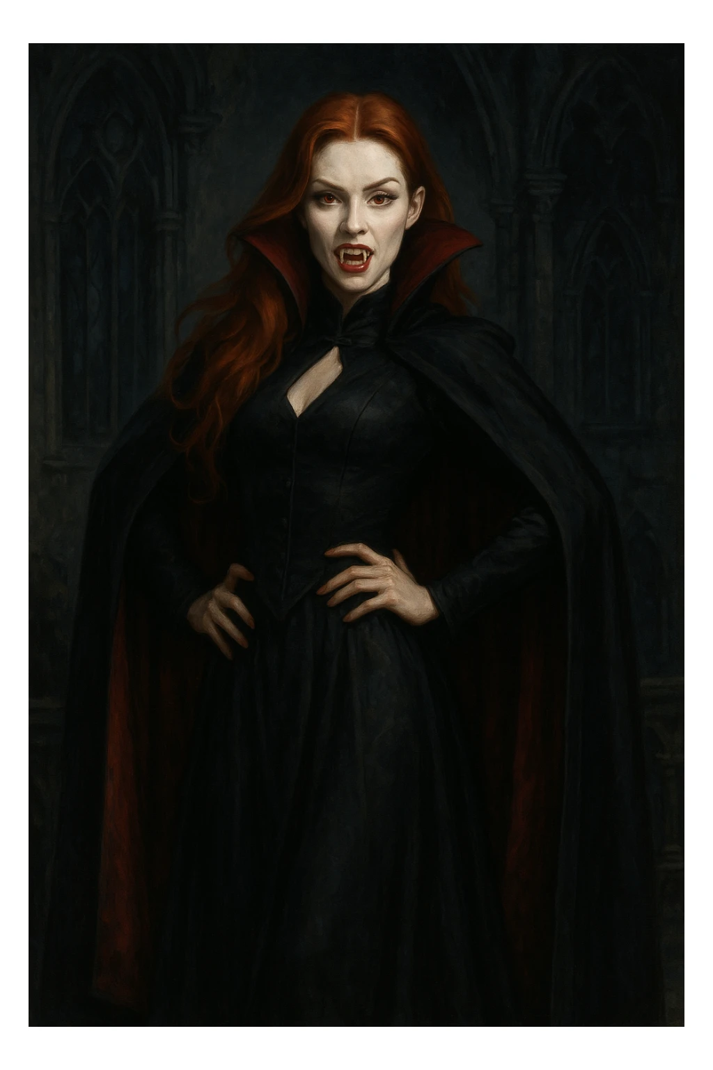 vampire girl with long ginger hair, classic vampire attire, confident pose sticker