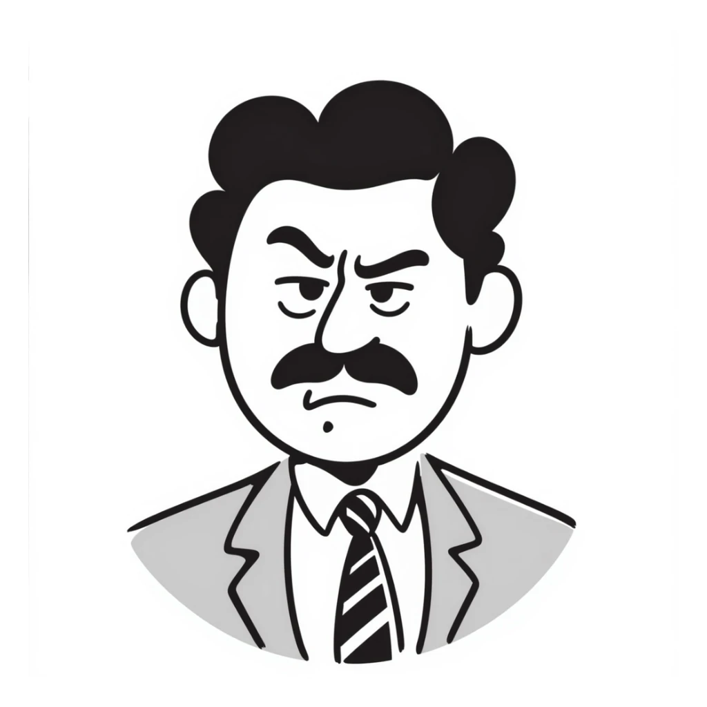 A hand-drawn angry supervisor with a mustache and a stern expression sticker
