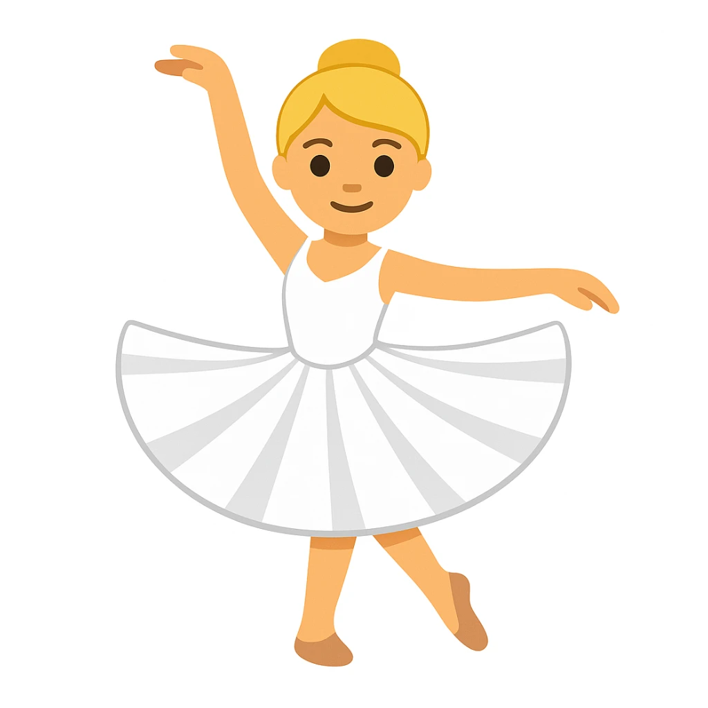 Make another blonde female ballet dancer in a white dress, similar style and pose to the reference image, in emoji style. The style should mimic the look of apple style emojis with simple and concise features. sticker