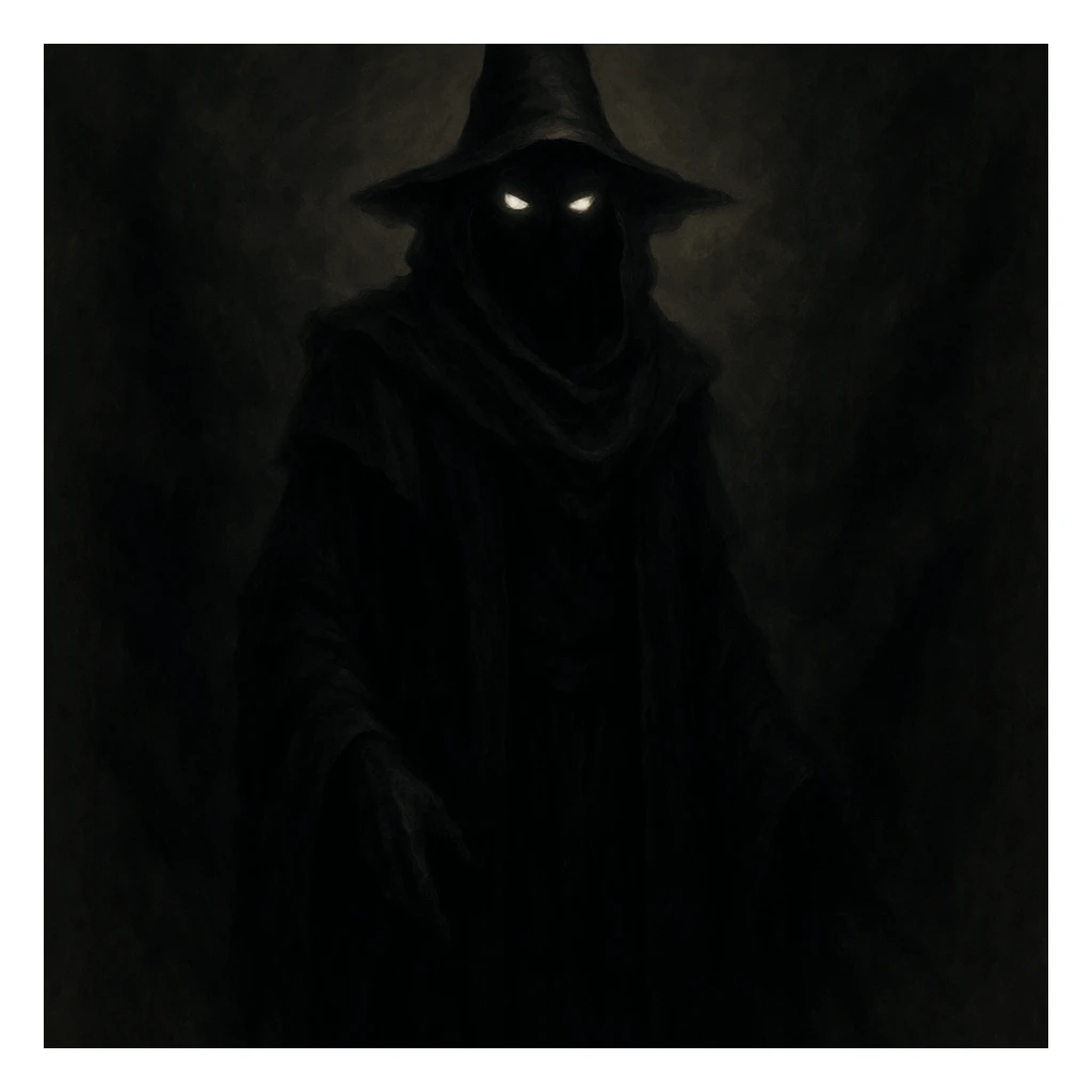 dark wizard, shadowy robes, glowing eyes, mysterious aura sticker