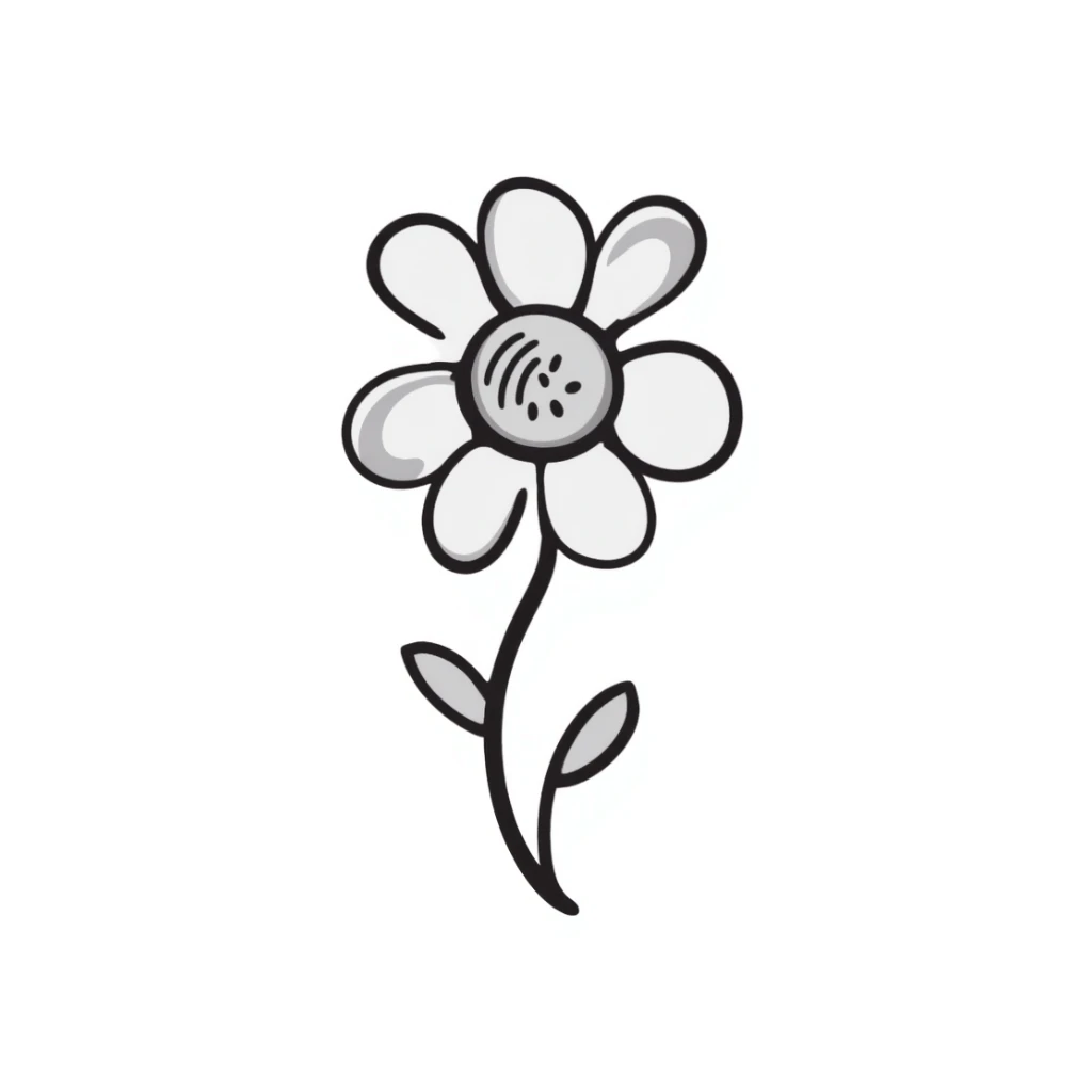 a single flower with petals, stem, and leaves in pastel colors dd9fb0, ffc6d3, a3bfc9, c4bee2, f1b091, detailed hand-drawn doodle style sticker
