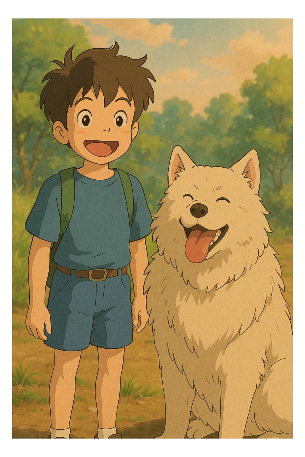 kid and his pet dog in studio ghibili style sticker