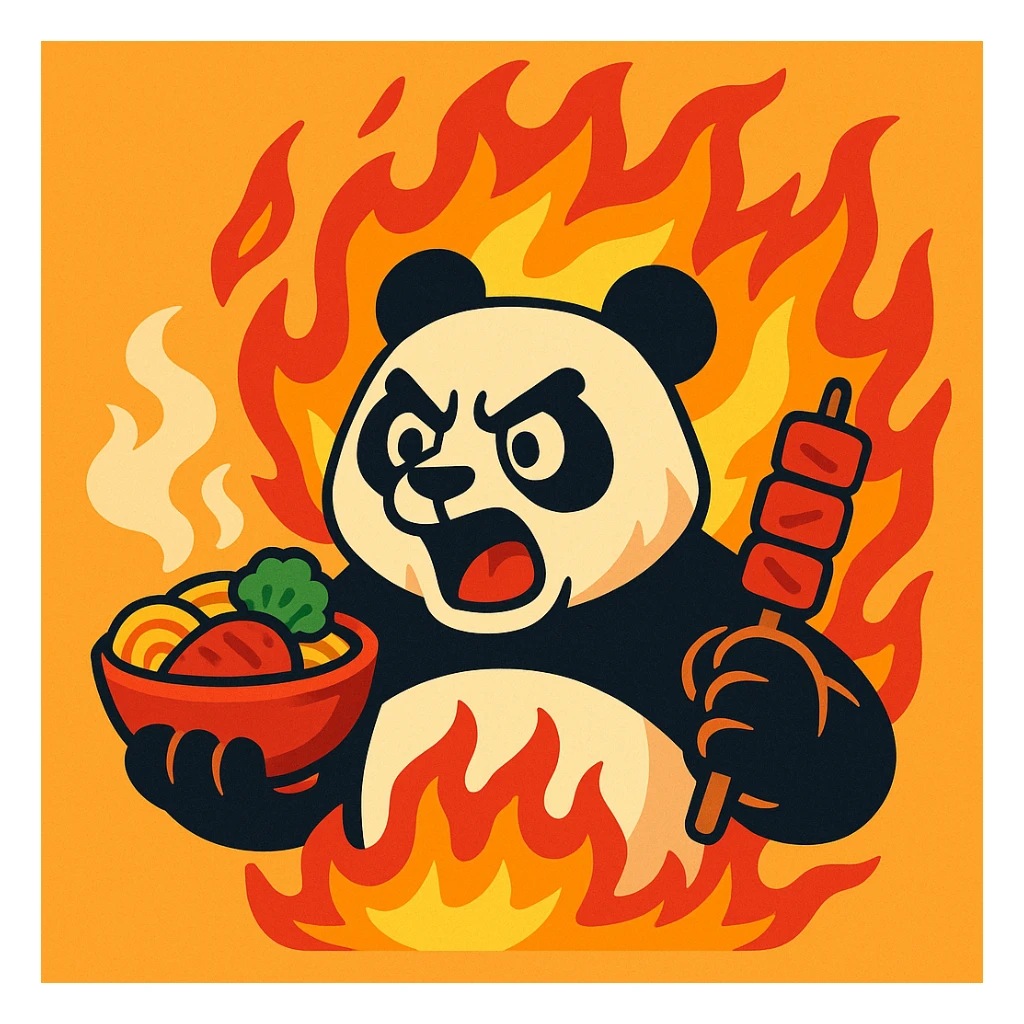 a panda on fire holding food in a dramatic cartoon style sticker