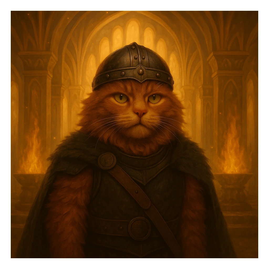 Remove the horns from the Viking helmet on the ginger cat while keeping the Valhalla background intact. Maintain an epic and heroic style for the image. sticker