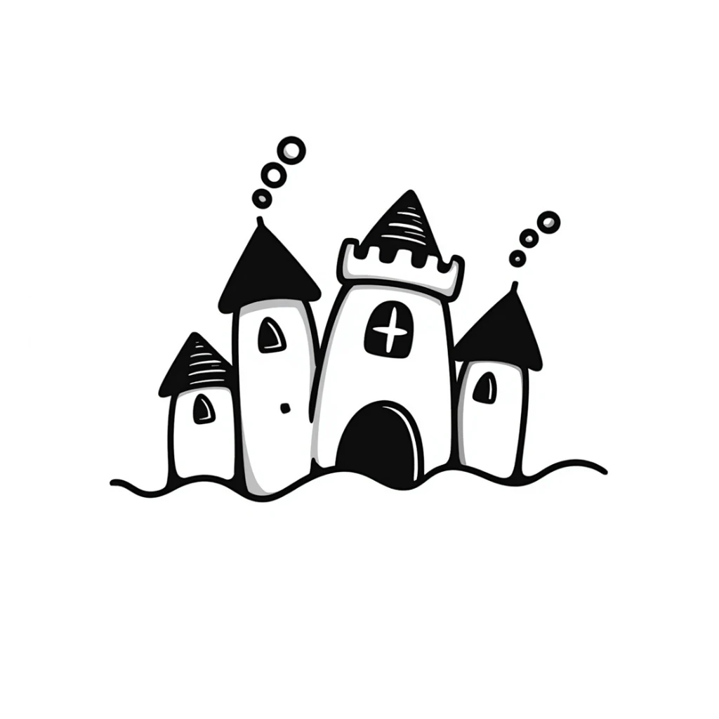 underwater sea castle, hand drawn doodle style sticker