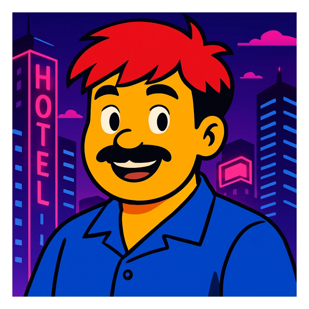Make the face a bit rounder and add a smile, keep the vibrant toon style, neon city background, and all original colors and lighting sticker