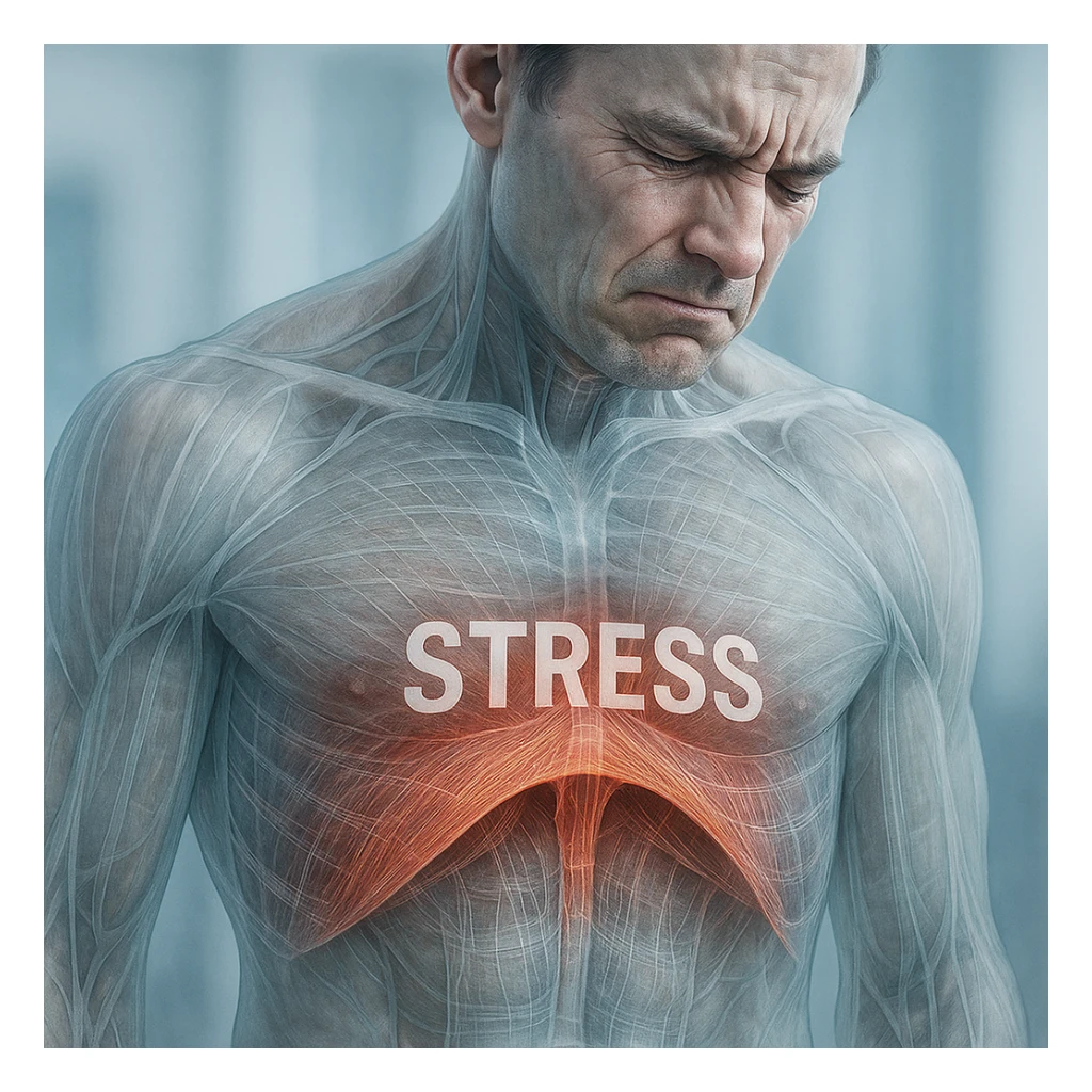 hyper realistic image showing male diaphragm blocked by stress, anatomical details, stiff muscles, transparency effect to see fibers, clinical atmosphere, cool tones sticker