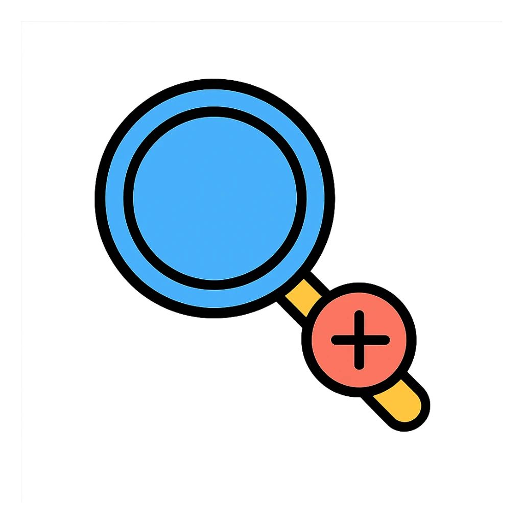 clean and modern magnifying lens with a plus sign in the bottom right corner symbolizing search and add sticker