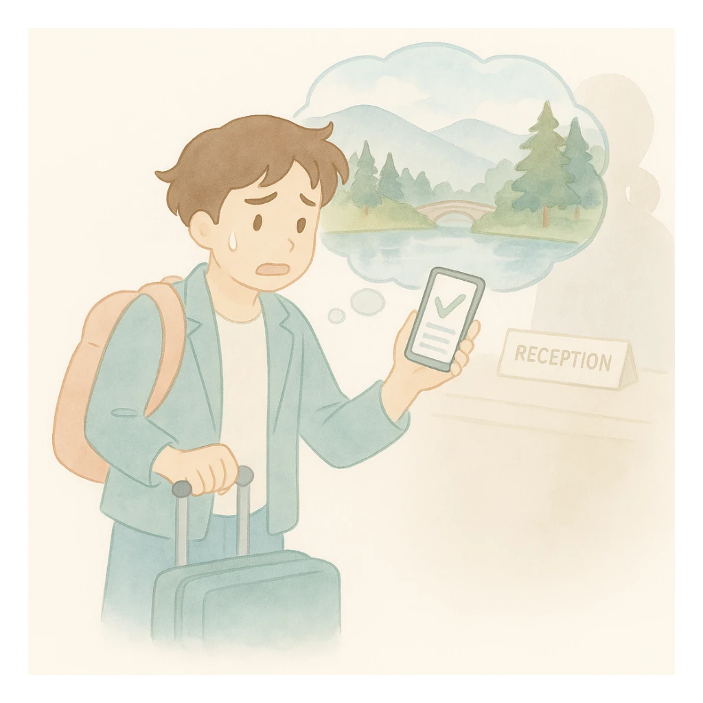 Edit the image of the guy lying on a bed daydreaming about Da Lat. Add a dreamy thought bubble above his head showing Da Lat scenery including pine trees, hills, and Xuan Huong Lake. Remove the words 'first time' from the image. Maintain the soft watercolor illustration style with pastel colors, delicate linework, a gentle whimsical mood, anime-inspired features, and minimal soft shading. sticker