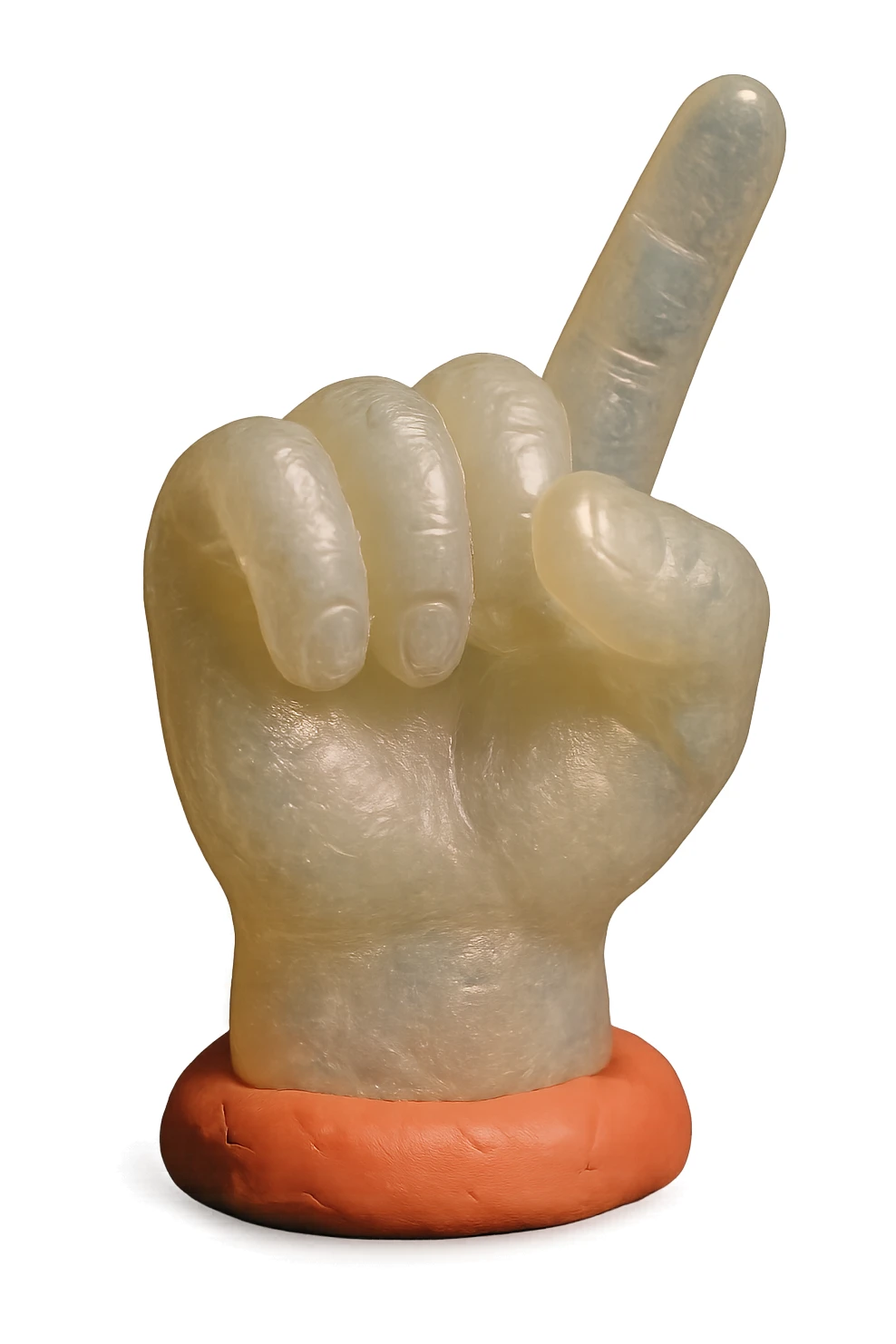 hyper-realistic, highly detailed hand with pointer finger extended, made of clear, transparent, slightly cloudy skin resembling a soft, squishy 90's plastic toy or gummy, soft reflections, retro vibe, plastic texture soft and appealing, almost edible look, intricate details, high-quality, awesome appearance, no background transparent sticker