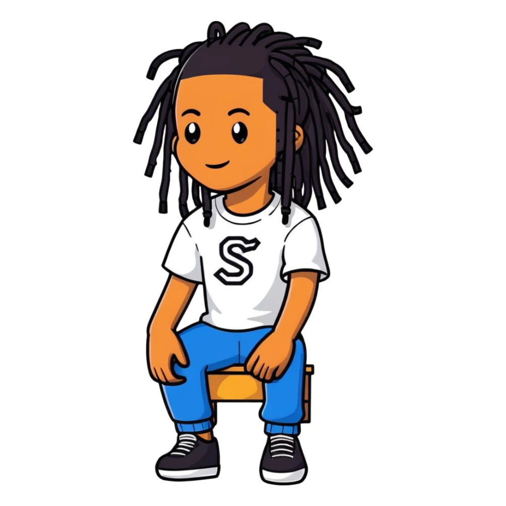 Steve Lacy with black dreadlocks and his signature style sticker