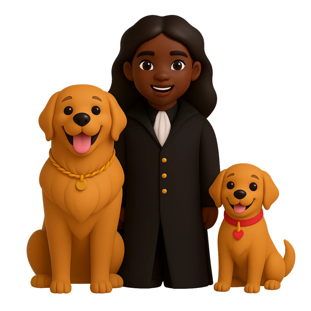 Change the vampire to have brown skin and dress all in black, keep the vampire on the left and the happy golden retriever on the right, preserve the 3D emoji style, keep the background transparent. The style to emulate is 3D emoji style with transparent background. sticker