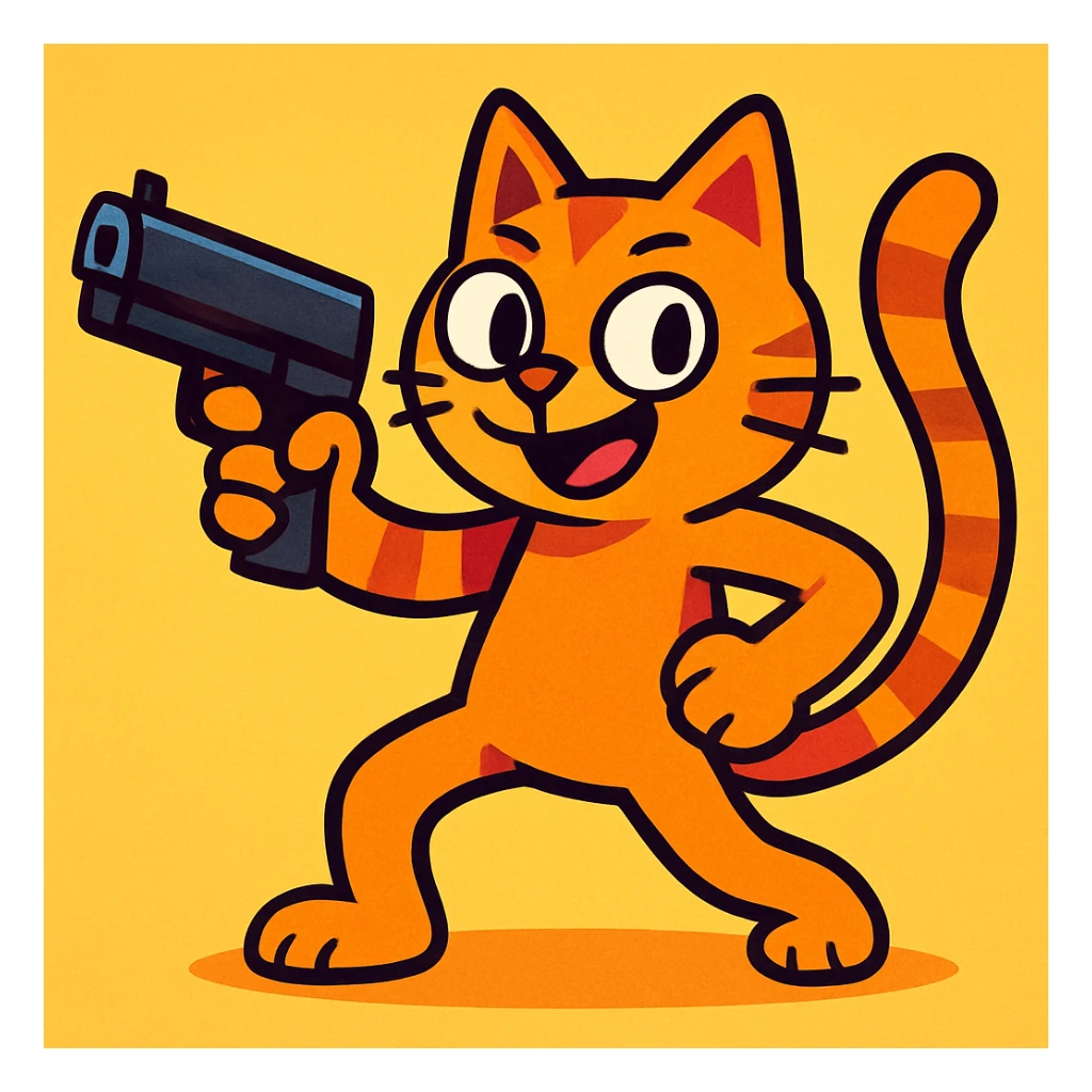 a cat holding a gun, fun and playful style, vibrant toon cartoon sticker