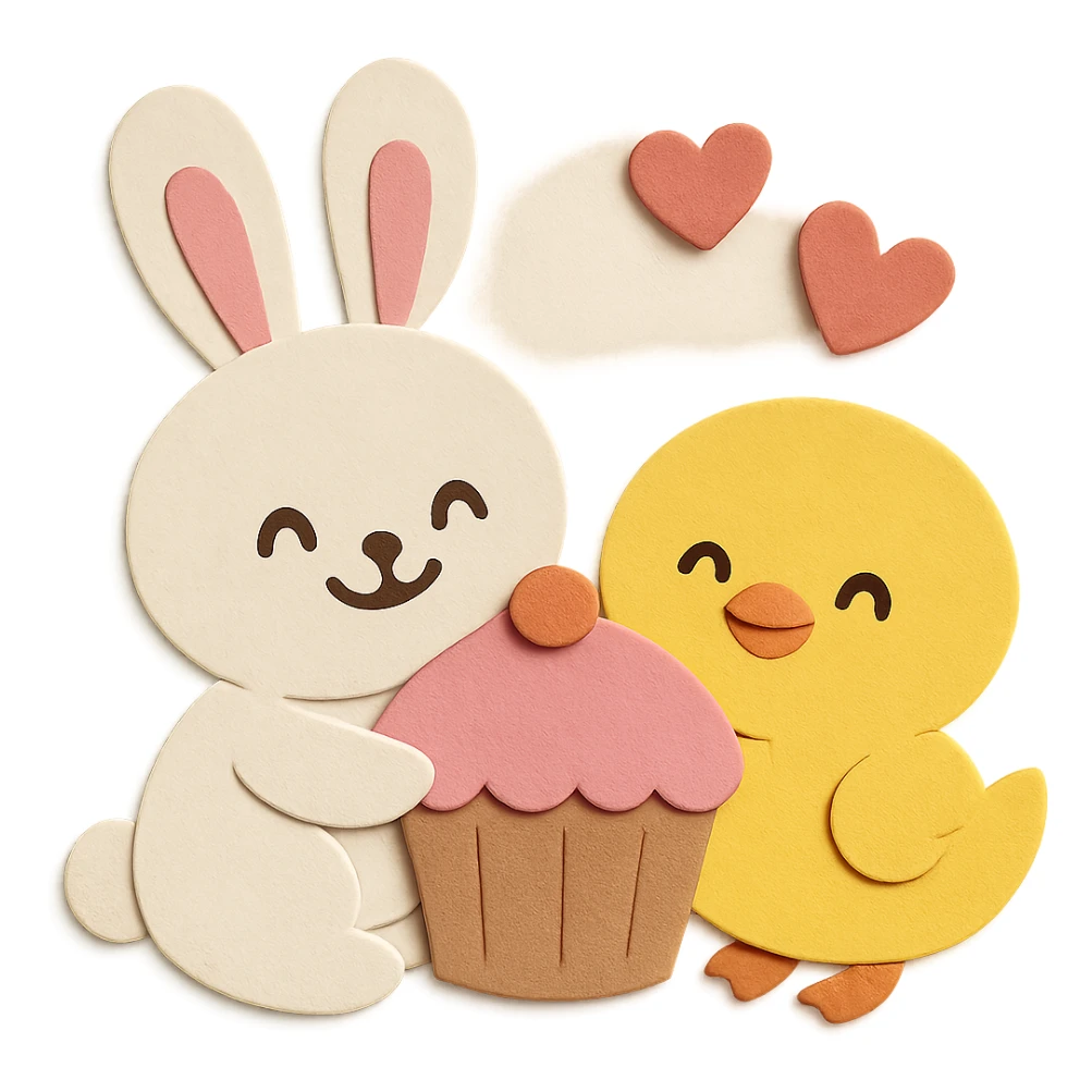 Make both the bunny and chick have happy, smiling faces, keep the paper-craft style and color palette sticker