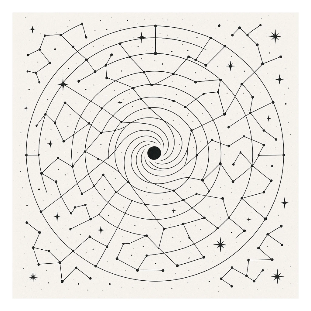 a design for an decorative black and white star map, showing linework of galactic spheres and a constellated ley lines. matrix map. black linework. neat and minimal design, showing expanse and hazards deep into space beyond the galactic core, large tattoo design

 sticker