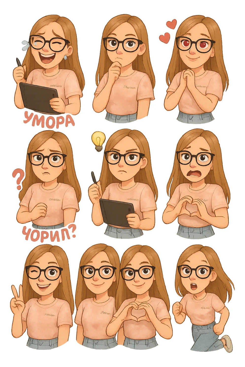 «Создай набор из 12 наклеек в стиле 3D cartoon  женского персонажа (30 лет выглядит моложе)  с прямыми светло русыми волосами ниже лопаток, светлой кожей, большими выразительными голубыми глазами, черные очки для зрения формы кошачий глаз, нос чуть с горбинкой.
Персонаж должен носить пастельную розово-бежевую тай дай футболку с вышивкой @ByUnicorn, голубые джинсы фасона мом, персонаж должен иметь разные выражения: смех до слез и подпись внизу пастельно-розовым текстом УМОРА, задумчивость, влюбленность (с сердцами вокруг головы), злость с паром из носа и подписью внизу пастельно розовым текстом ТИЛЬТ, растерянность (со знаком вопроса) и подпись пастельно-розовым текстом ЧОРИЛ?, наличие идеи (с зажженной лампочкой), плач со слезами из глаз, удивление с открытым ртом и подписью пастельно розовым текстом ОКАК, улыбка и  подмигивание, знак мира рукой, создание сердца руками, бегство со всех ног. Размер картинки не ограниченный, чтобы все наклейки вместились без обрезки. Стиль мультяшный  DreamWorks, мягкий свет, прозрачный фон, и добавь персонажу в руки графический планшет следи чтобы выглядело органично, красиво, не нарушая законы природы и физики, можешь добавить в другую руку перо от графического планшета, если это будет позволять смысл стикера» sticker