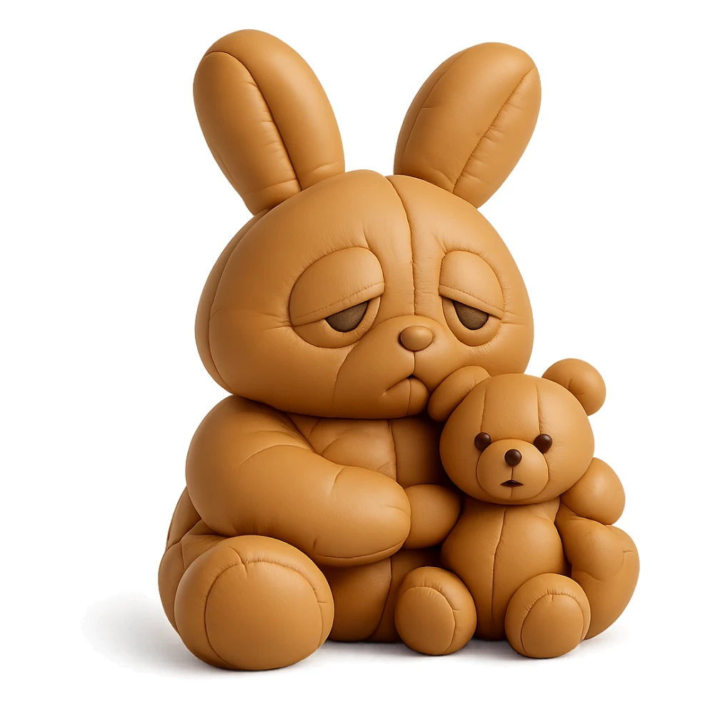 caramel bunny holding teddy bear, eyes drooping, cushion style sticker