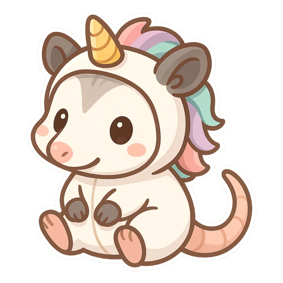 cute cartoon possum dressed up like a unicorn, chibi stickers style sticker