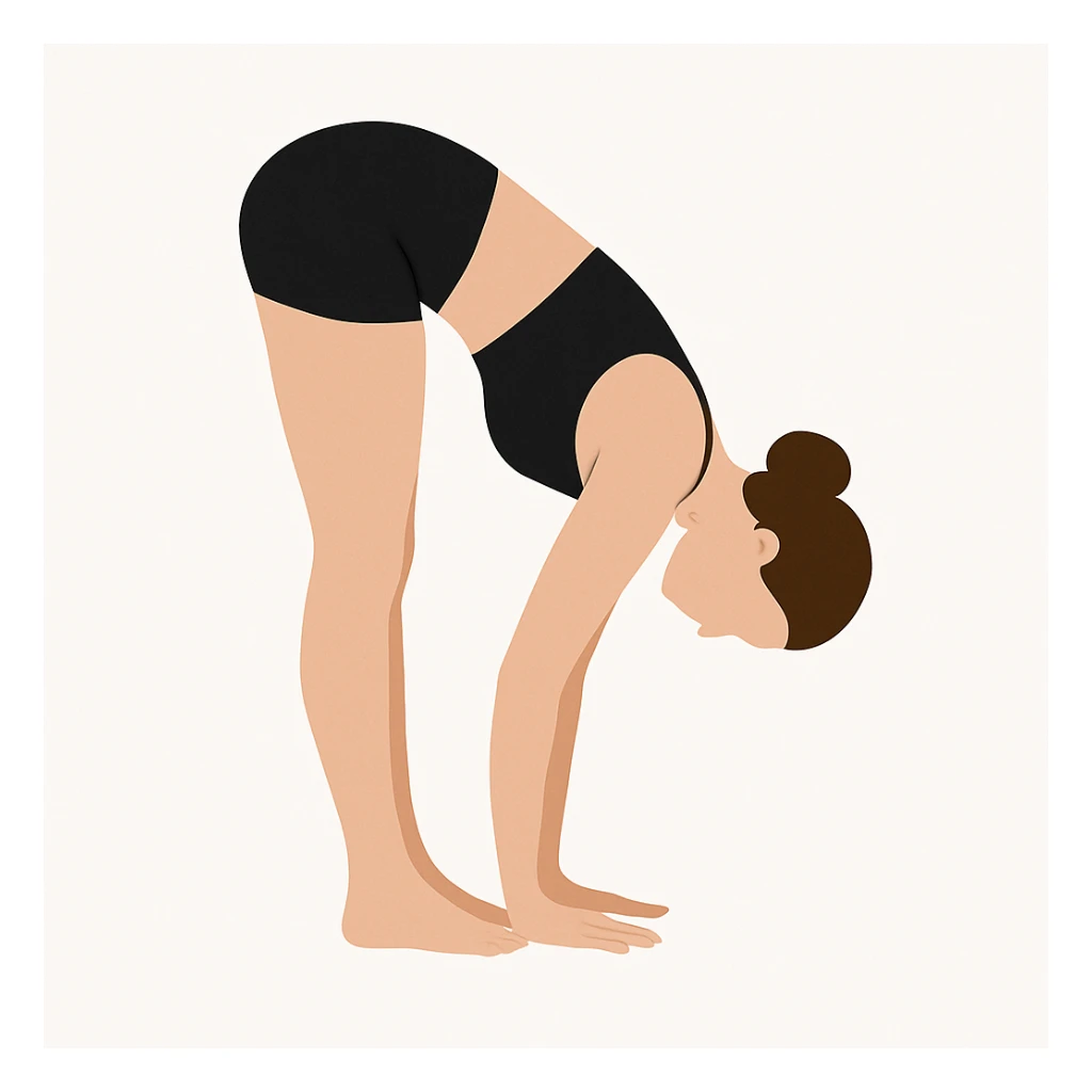 Minimalist flat vector illustration of a woman doing yoga in forward fold pose (Vrischikasana), wearing sportswear (black top and black shorts), brown hair in a bun, clean white background, no face details, elegant style sticker