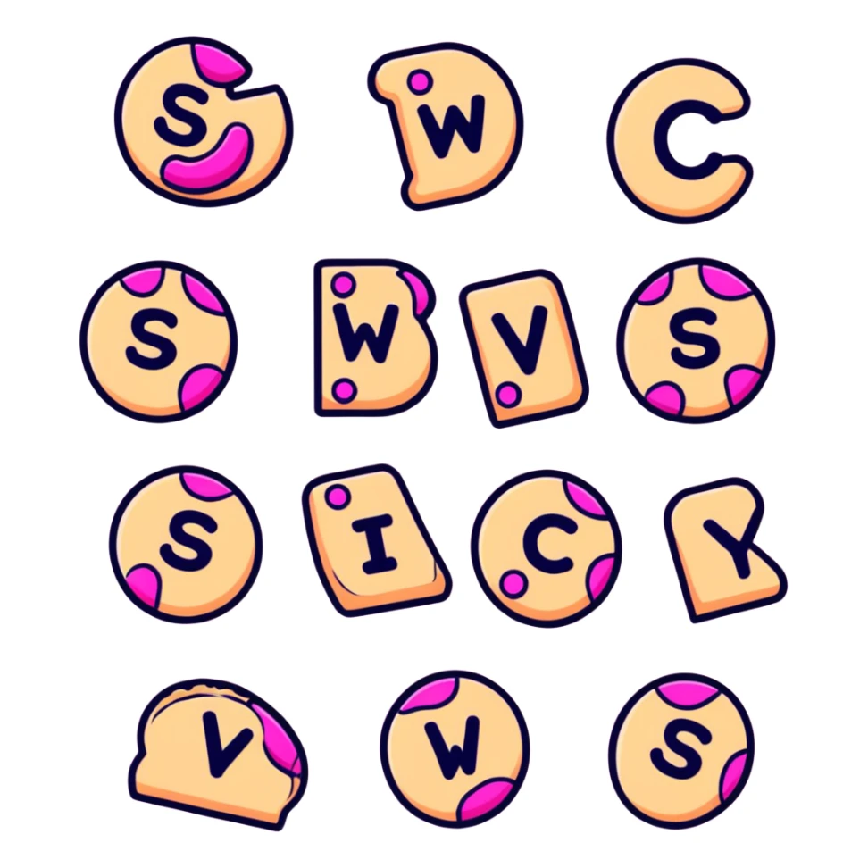 Pink alphabet cookies spelling SWICY sticker
