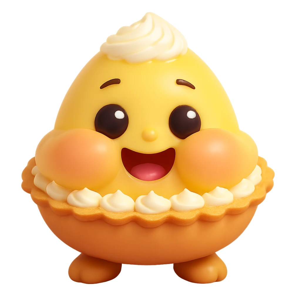 Make the cheeks even chubbier while keeping the cute 3D kawaii egg tart character style with a golden crispy tart shell, jiggly custard face, big watery eyes, expressive cartoon mouth, pastel color palette, comical exaggerated emotion, soft lighting, and glossy textures. Maintain transparent background and no text. sticker