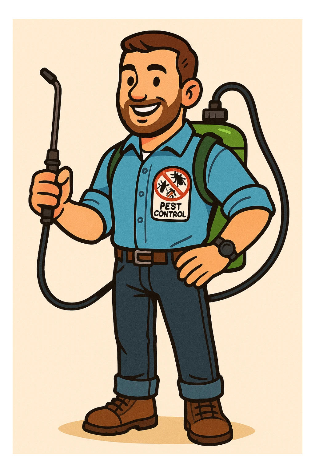 A friendly male pest control technician with short beard and short hair, wearing a light blue uniform shirt with rolled-up sleeves, dark jeans, brown boots, and a black wristwatch. He has a patch on his chest with a colorful anti-pest logo (insects crossed out) and the words 'PEST CONTROL'. He carries a green fumigation tank on his back with a black hose and holds the spray wand in one hand. He has a confident and approachable expression. The illustration should use bold outlines, warm colors, and clean, flat shading style. The background should be simple or light beige, in a vibrant toon style. sticker