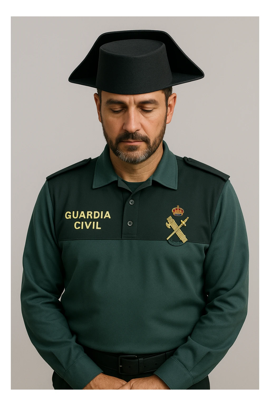 Guardia Civil officer in uniform, Spanish law enforcement, respectful, iconic hat, badge visible, simple background sticker