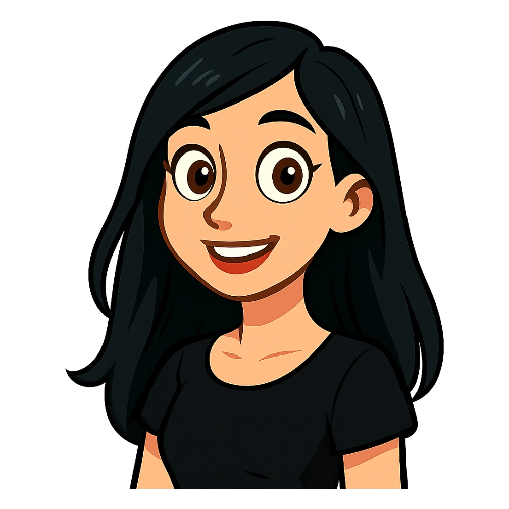 vibrant toon style white woman with rounded brown eyes, long black hair, black blouse sticker