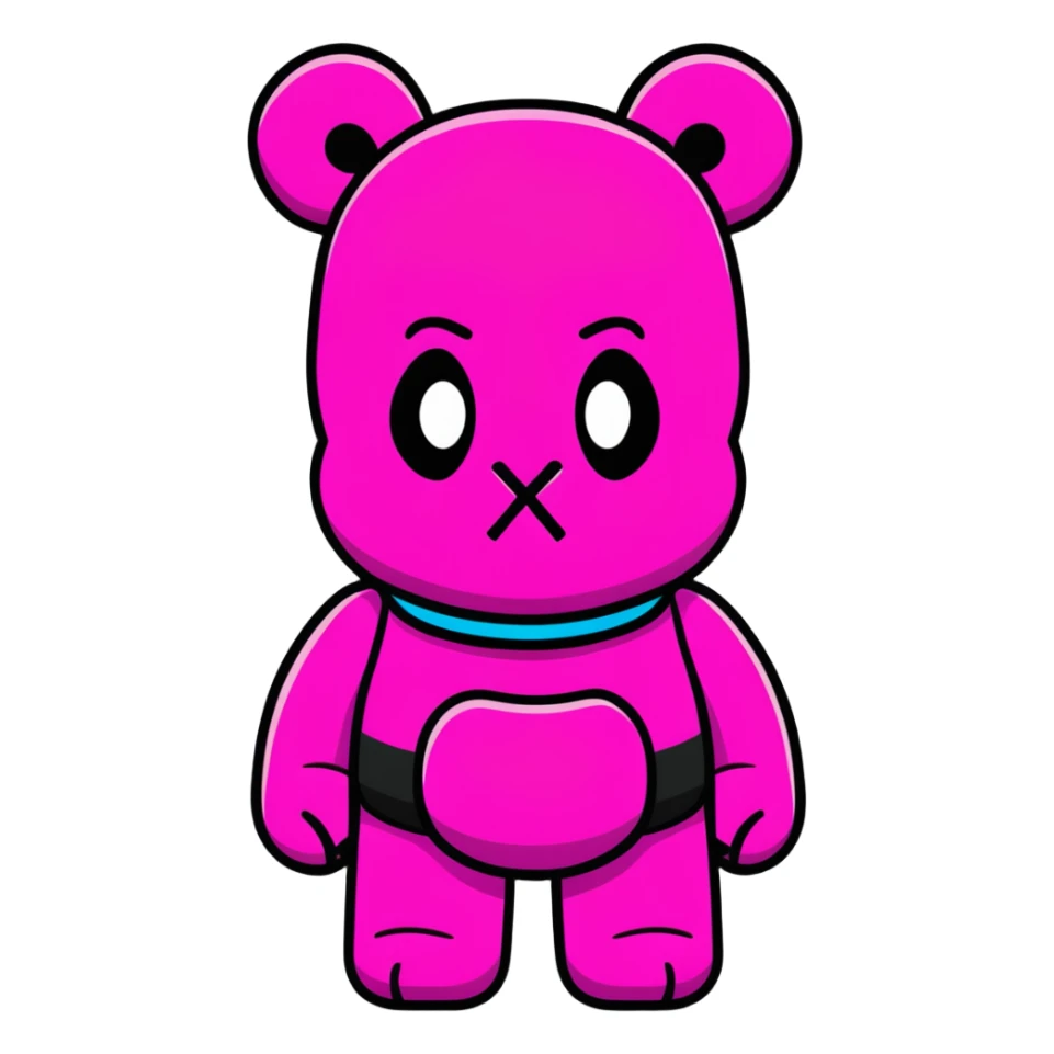 Bearbrick figure with classic KAWS crossed-out X eyes wearing a bright pink balaclava, colorful bear-shaped collectible toy sticker