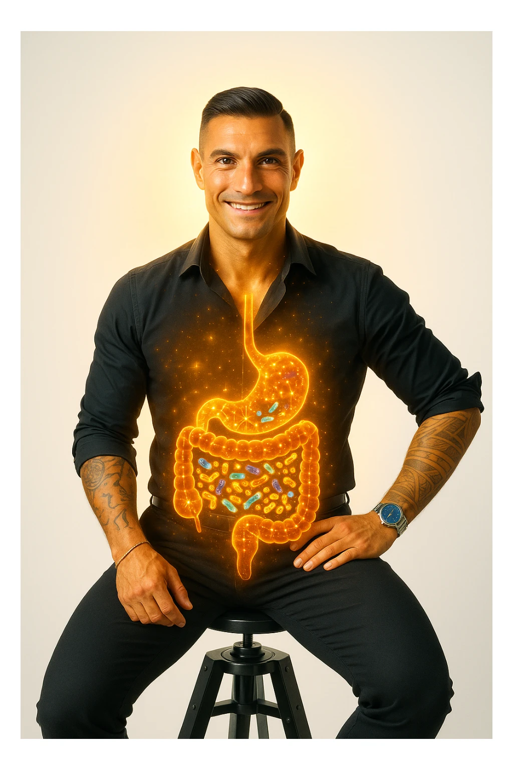 Radiant man with transparent digestive system showing diverse, thriving gut bacteria colonies in perfect balance, beneficial microorganisms glowing like constellation patterns throughout intestines, expression of optimal health and vitality, digestive tract functioning as harmonious ecosystem, immune system strengthened by microbial diversity, energy levels at peak performance sticker