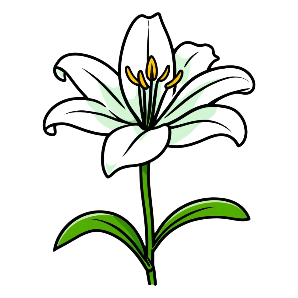 Pure white lily flower with accurate six-petal structure, visible stamens, and green foliage sticker